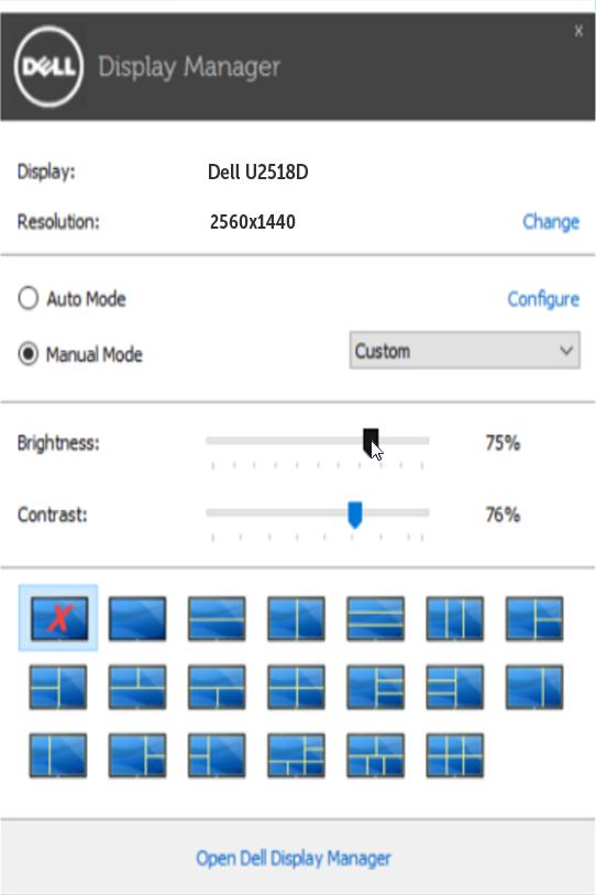 Uso da caixa de diálogo de configurações rápidas Clicar no ícone da bandeja de notificação do Dell Display Manager abre a caixa de diálogo de configurações rápidas.