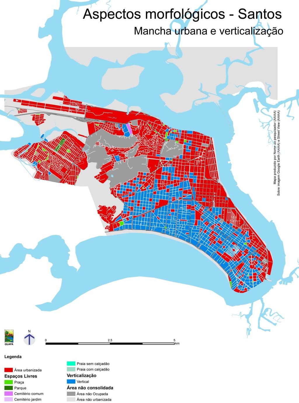 Figura 12. o mapa acima mostra em azul todas as áreas verticalizadas dentro da área urbana da ilha de São Vicente, na qual está situada a sede do município de Santos.