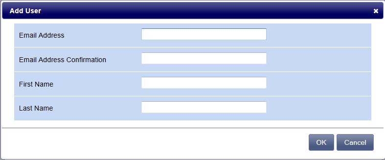 Registo (Adicionar utilizador) Ao selecionar surge uma caixa solicitando o endereço eletrónico, e o primeiro e último nome dos utilizadores autorizados.