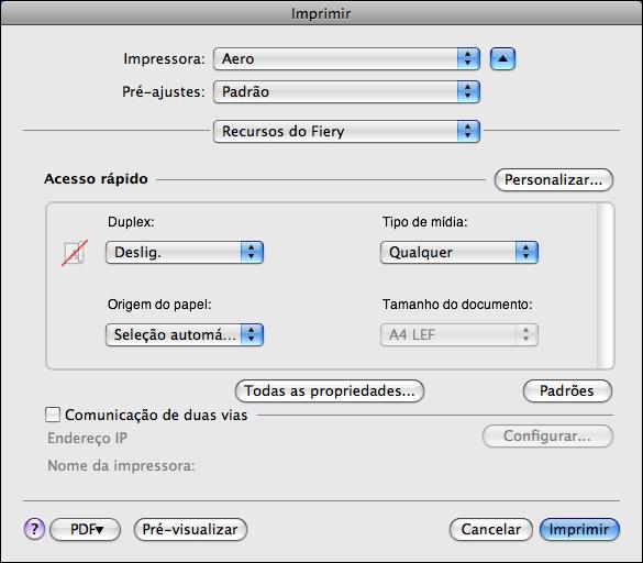 IMPRESSÃO NO MAC OS X 31 7 Escolha Recursos do Fiery na lista suspensa.