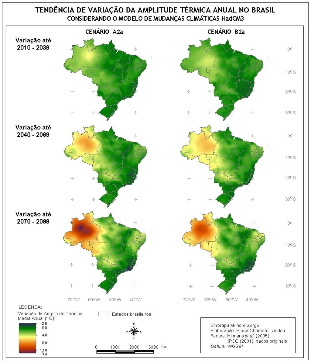 (Figura 2), para a região amazônica, sendo previstos aumentos de até 12,2 o C (A2a) ou 10,5 o C (B2a) até 2070-2099.