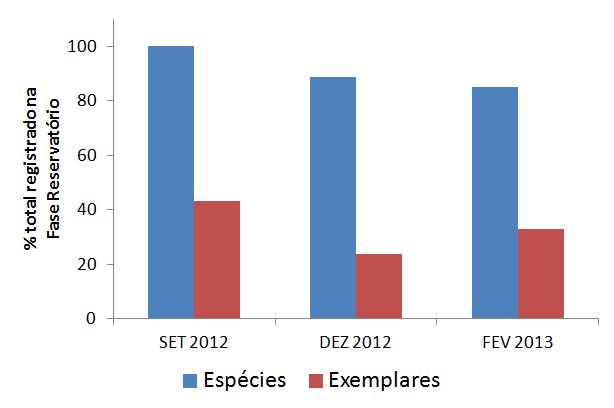 Figura 8. Comparação entre a riqueza e a abundância relativas (% total) registradas para as campanhas de campo realizadas na Fase Reservatório UHE Mauá.