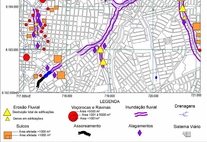 Nas porções sudoeste e norte da área estudada os sulcos ocorrem geralmente em ruas com pavimentação asfáltica, enquanto que na parte sudeste da área