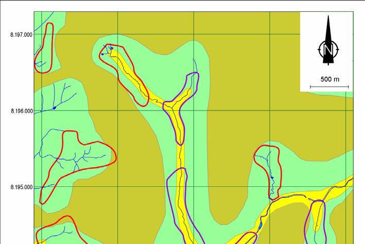 Na parte oeste da área correspondem ao que Lacerda (2004) denomina de Modelado de Dissecação em Morros e Esporões e Santos (2004) cartografou como Morros.