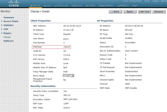 usuário1: Nesta janela você pode observar que este cliente está atribuído à VLAN10 conforme os atributos RADIUS configurados no servidor RADIUS.