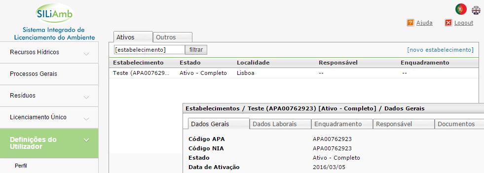 B C Figura 3 Exemplo de estabelecimento ativo no SILimb e respetiva informação geral.