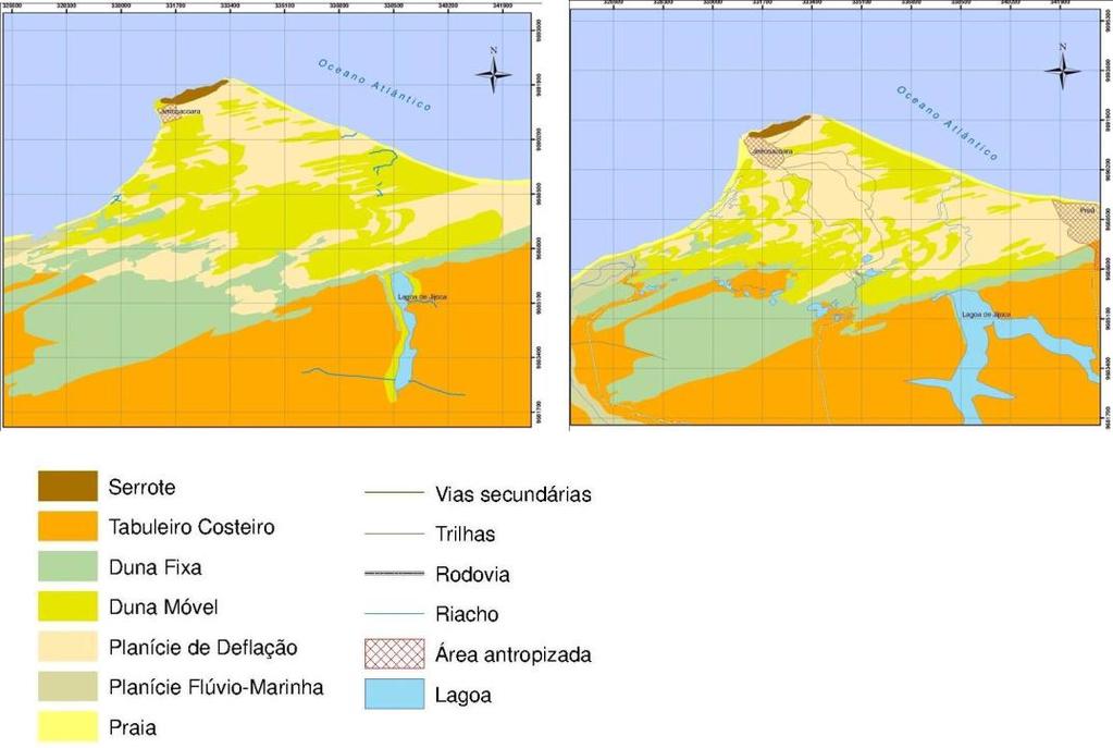 área de dunas móveis e a migração em direção as dunas fixas e, principalmente a alteração morfológica sofrida