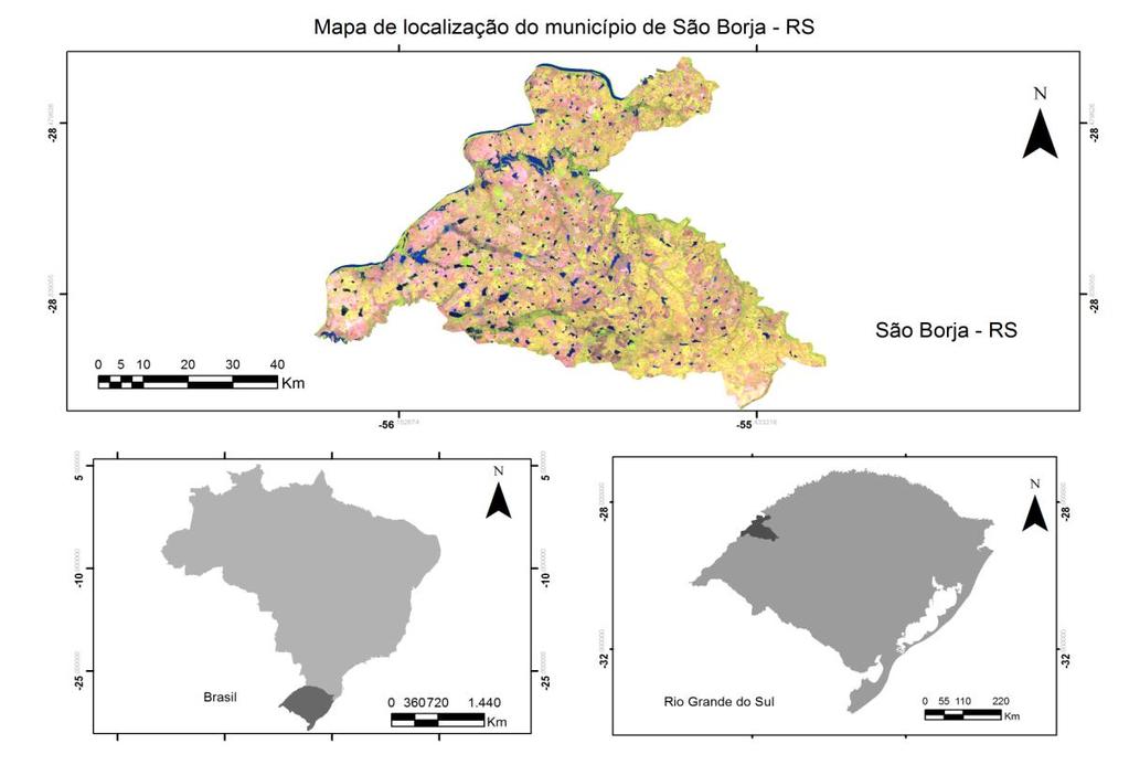 1528 Conforme pode ser observado na figura 01, São Borja localiza-se na região noroeste do Rio Grande do sul, sob as coordenadas geográficas: 28º 39' 38" latitide sul e a 56º 00' 16"longitude oeste,