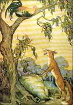 O galo e a raposa O galo cacarejava em cima de uma árvore. Vendo-o ali, a raposa tratou de bolar uma estratégia para que ele descesse e fosse o prato principal de seu almoço.