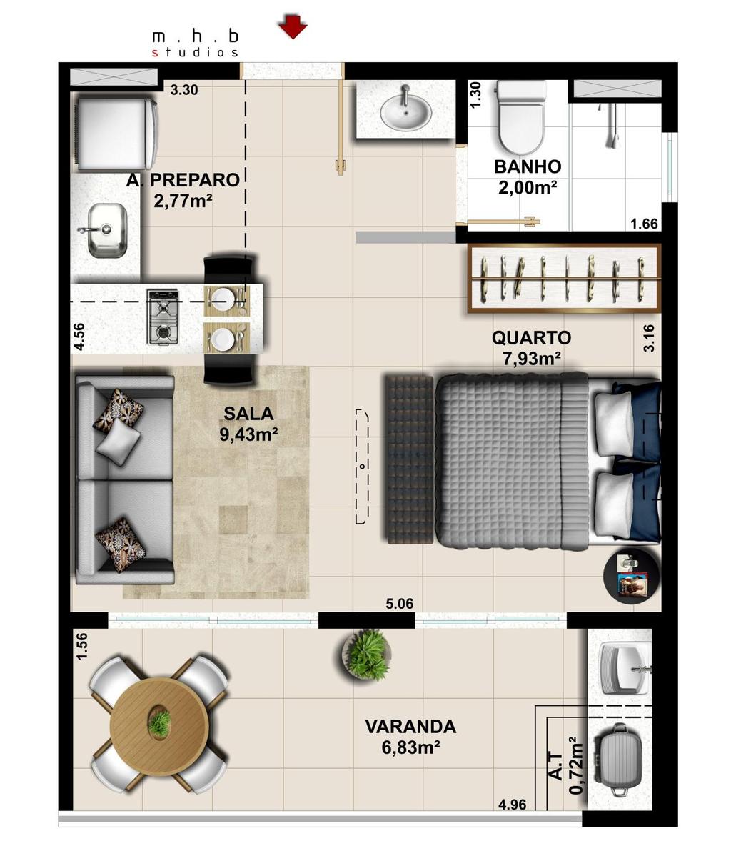 Torre B 1Q Kit Opcional Kit Studio com quarto, sala e cozinha integrados.