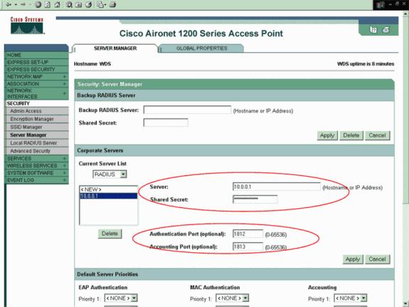5. Selecione o endereço IP de Um ou Mais Servidores Cisco ICM NT WDS AP como a prioridade 1 sob prioridades do server do padrão para a
