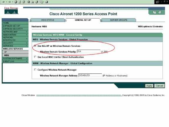 3. Verifique o uso este AP como serviços do domínio Wireless na página de instalação geral.incorpore 254 ao campo de prioridade dos serviços do domínio Wireless. Clique em Apply. 4.