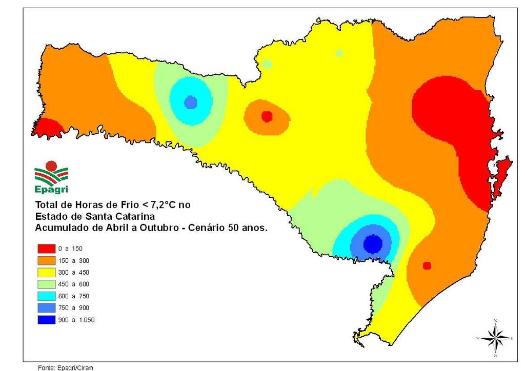 Figura 3 - Total anual médio de horas de frio abaixo de 7,2 ºC para o Estado de Santa Catarina. Figura 4 - Horas de frio abaixo de 7,2 ºC anual para o Estado de Santa Catarina Cenário 50 anos.