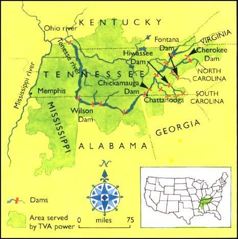 As 34 barragens [dams] sob o controle da TVA nos rios Tennessee e Cumberland não só produziram energia elétrica como