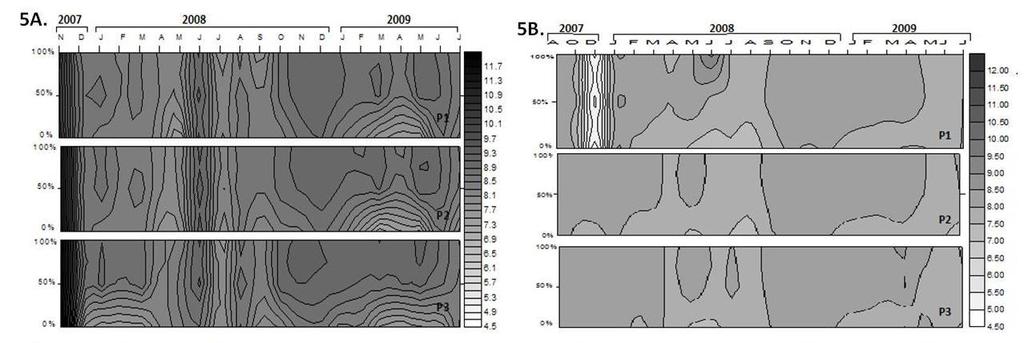 Dinâmica funcional de reservatórios de usos múltiplos da região semiárida/paraíba-brasil Figura 5: Isolinhas do ph no reservatório Várzea Grande (A) e Cacimba da Várzea (B), nas estações de coleta 1
