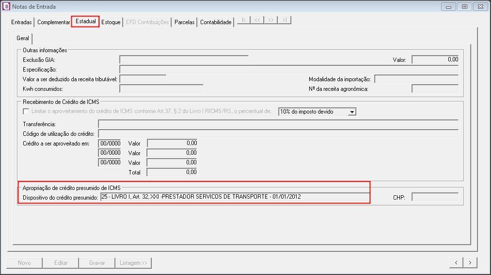 4.3 Na guia ESTADUAL, no quadro APROPRIAÇÃO DE CRÉDITO PRESUMIDO DE ICMS, no campo DISPOSITIVO DO CRÉDITO PRESUMIDO, selecione a opção: 25 LIVRO I, Art.