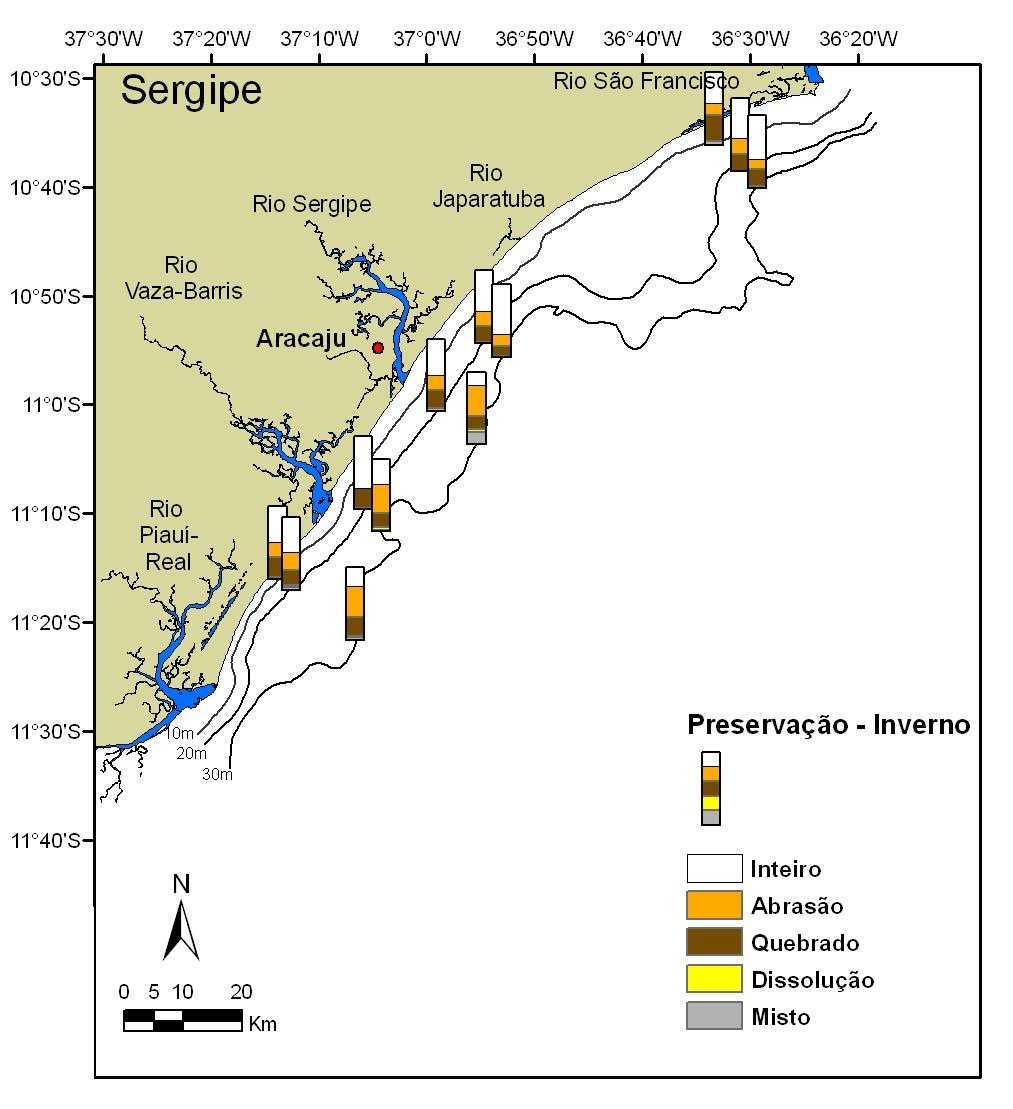 47 1 2 3 4 5 6 7 8 9 10 11 12 13 14 15 Figura 24- Distribuição das frequências dos padrões de preservação na plataforma continental de Sergipe, no período de inverno de 2002. 5.2.3. Campanha de verão 5.