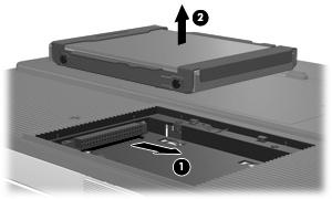 5. Levante a tampa da unidade de disco rígido do computador (2). 6. Para desligar a unidade de disco rígido (1) deslize-a para a direita. 7.