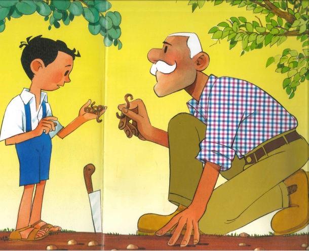 Primeiro Mário e seu avô foram catar minhocas para poder usar de isca.