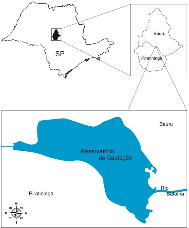 Figura 1. Mapa dos municípios de Bauru e Piratininga (SP), evidenciando o reservatório do rio Batalha para a captação das águas e abastecimento.