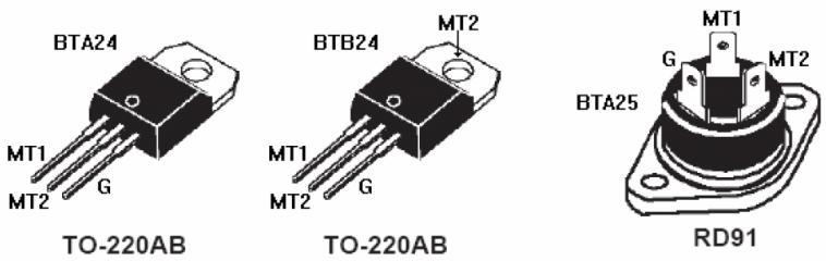 TRIAC Tiristor Triodo Bidirecional Modelos Comerciais BTA24-600: significa que o TRIAC opera com 600 volts e o terminal MT2 é isolado da base