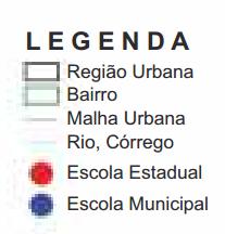 Mapa 04: Rede Física de Educação 2014 Fonte: PLANURB, 2015 De acordo com o mesmo Perfil Socioeconômico de 2015, a somatória das duas redes de ensino apontam 166 escolas, e consequentemente um enorme