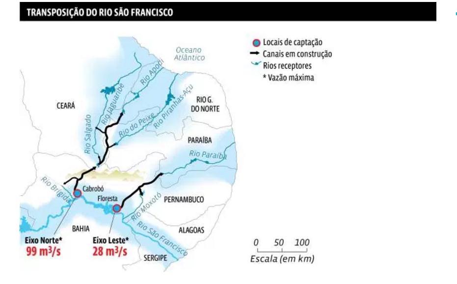 Eixo leste: este trecho colhe as águas do Rio São Francisco em Floresta (PE), beneficiando o sertão e o agreste de Pernambuco e Paraíba.