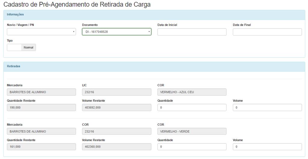 RETIRADA DE CARGA Acesse o menu Pré-Agendamento, depois clique em Retirada Carga, em seguida clique no botão Cadastro.