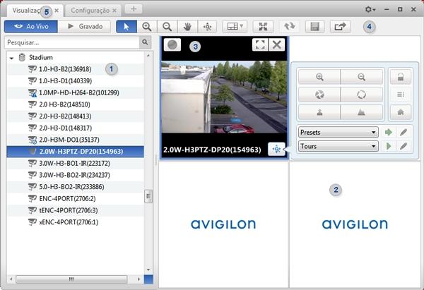 Figura 1:A janela do aplicativo do Cliente do Avigilon Control Center. Recursos da janela do aplicativo Área Descrição Exibe todos os elementos do sistema de vigilância.