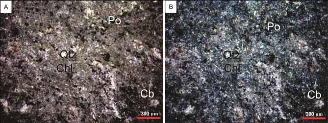 Fotomicrografia Lâmina CAN-1154A. Chl: clorita, Cb: carbonato, Qtz: quartzo, Po: pirrotita. A) Sob polarizadores paralelos e B) sob polarizadores cruzados.