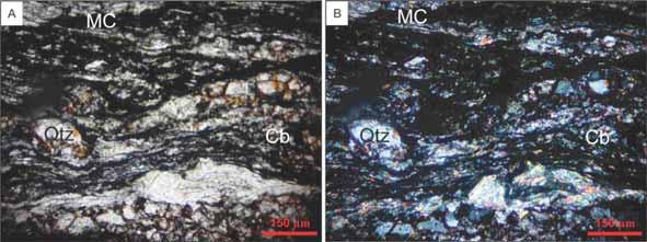 Fotomicrografia Lâmina CAN2-102. Cb: carbonato, MC: material carbonoso, Qtz: quartzo. A) Sob polarizadores paralelos e B) sob polarizadores cruzados.