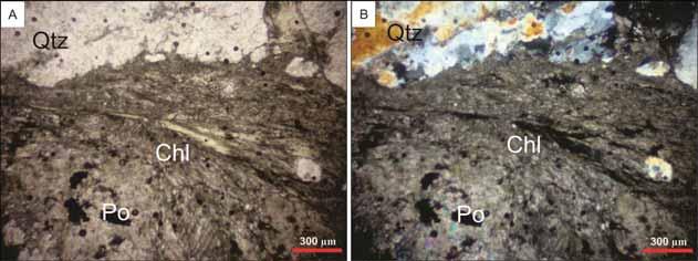Fotomicrografia Lâmina CAN-1180A. Chl: clorita, Qtz: quartzo, Po: pirrotita. A) Sob polarizadores paralelos e B) sob polarizadores cruzados.