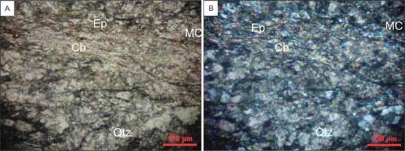 Fotomicrografia Lâmina CAN2-61. Cb: carbonato, MC: material carbonoso, Ep: epidoto, Qtz: quartzo. A) Sob polarizadores paralelos e B) sob polarizadores cruzados.