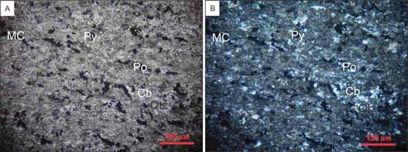 Fotomicrografia Lâmina CAN2-28A. Cb: carbonato, MC: material carbonoso, Qtz: quartzo, Py: pirita, Po: pirrotita. A) Sob polarizadores paralelos e B) sob polarizadores cruzados.