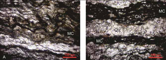 B) Metapelito carbonoso,compacto, de granulação fina, com material carbonoso, e textura lepidoblástica definida pela presença de milimétricos níveis quartzosos com carbonato e por vezes, plagioclásio.