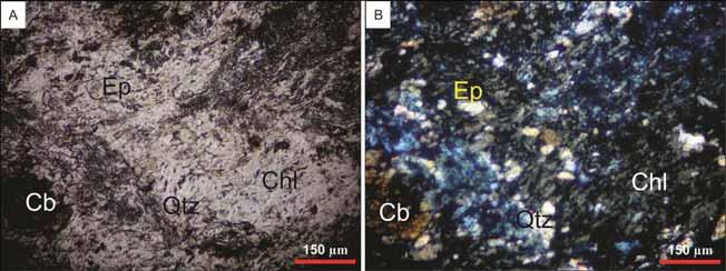 A bornita se encontra alterando para covelita, sendo caracterizada pela coloração azul dos cristais, presente em traços, em cristais menores de 0,1 mm.