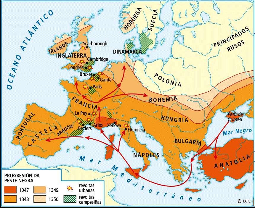 5.2.- Consecuencias da crise baixomedieval. Demográficas: Descenso da poboación europea: de 75 millóns (1300) a 45 millóns (1400).