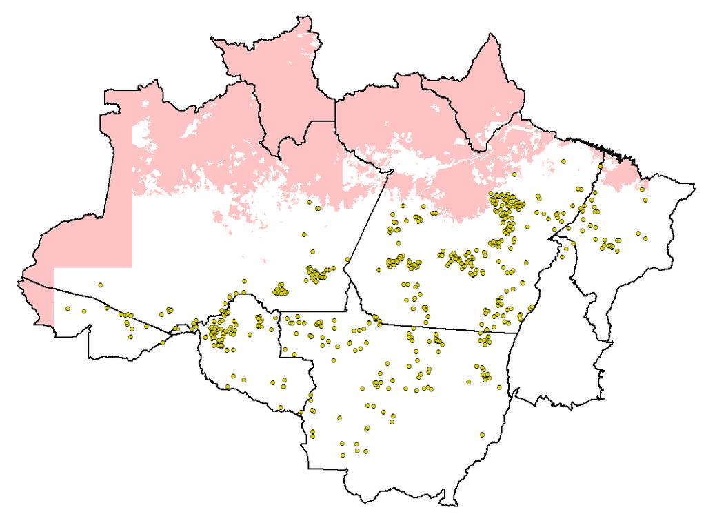 1.1) Mapa dos alertas do Deter no mês 07/2010: obs: as nuvens correspondem aos polígonos em rosa