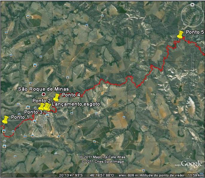 FIGURA 1 Localização do Rio do Peixe Fonte: Google Earth, 2011 sendo: Ponto 1 localização do Ponto 1 no Rio do Peixe Ponto 2 - localização do Ponto 2 no Rio do Peixe Ponto 3 - localização do Ponto 4
