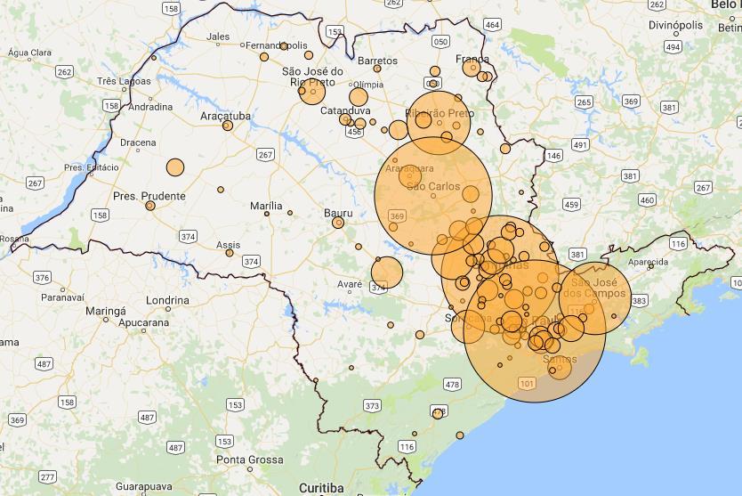 Distribuição dos projetos PIPE em SP, 2017 Em http://www.