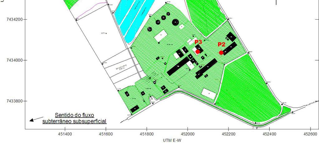 FIGURA 3 Mapa da área da Usina com a localização dos poços tubulares cadastrados (P1, P2 e P3).