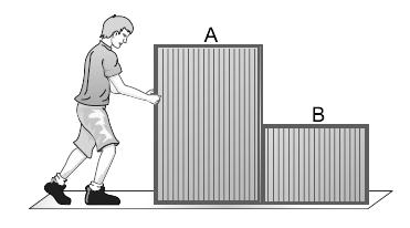 15) (MODELO ENEM) O esquema abaixo ilustra a situação em que um homem empurra horizontalmente dois caixotes, A e B, sobre uma superfície plana com aceleração de módulo 0,50m/s 2.