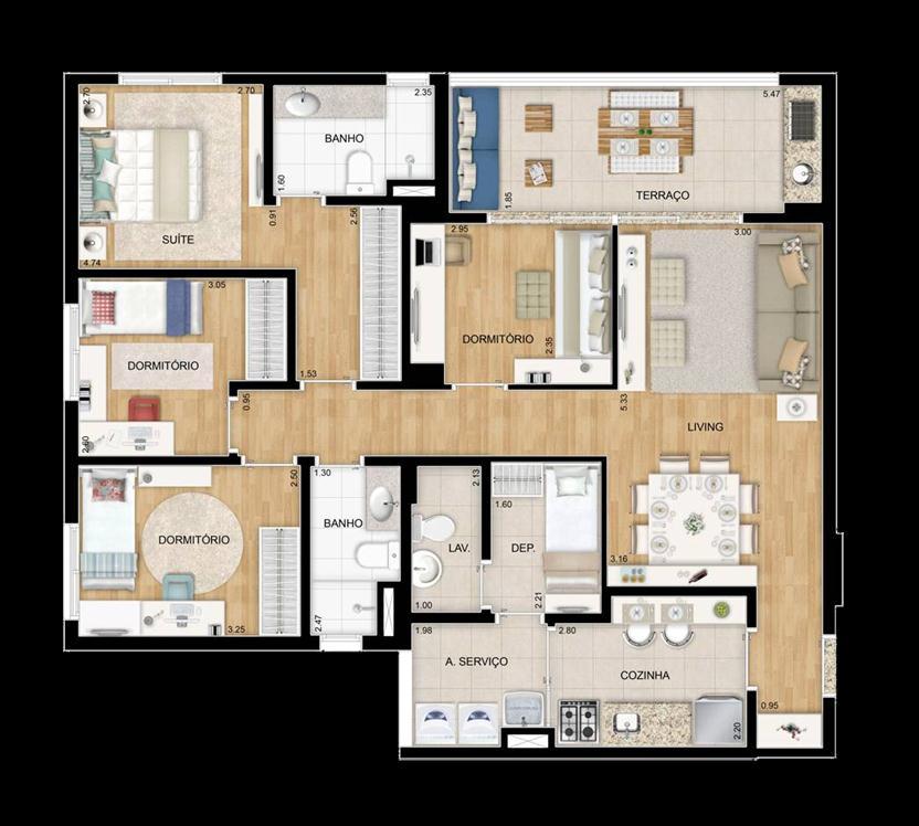 Planta Tipo - 105m² 4 3 Dorms.