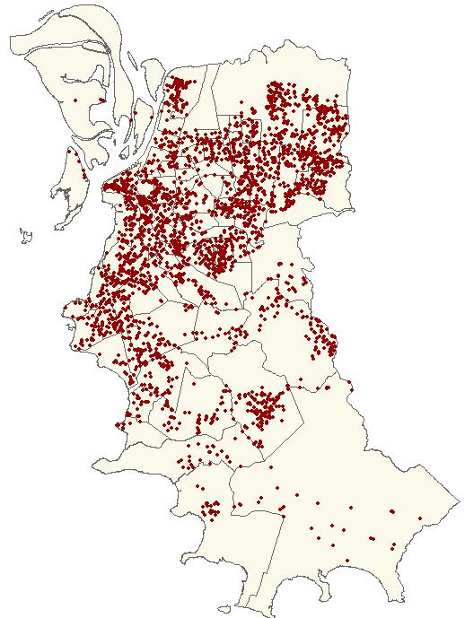 6. Distribuição espacial dos casos de afastamento Mapa dos bairros de Porto Alegre, com pontos indicando o local de residência de