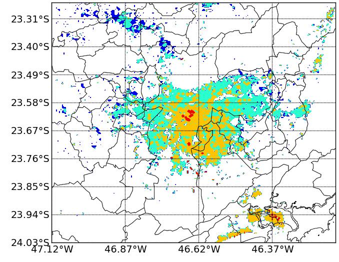 Figura 04 - Resultado da classificação da superfície urbana utilizada para esta simulação, com espaçamento de grade de 500 m, para a RMSP.