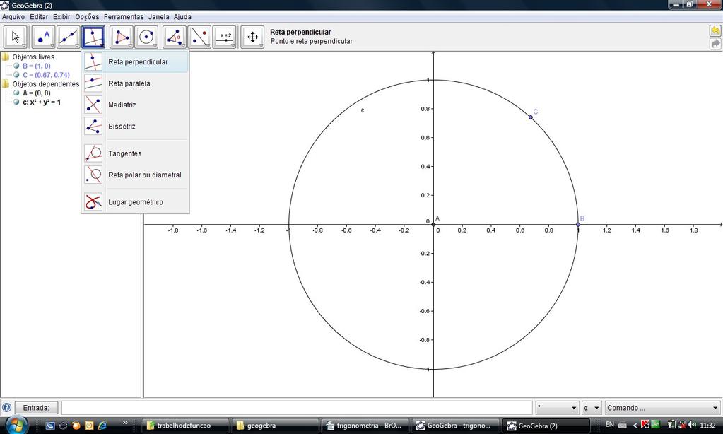 5º Passo: Vamos agora colocar um ponto na circunferência. Ele será móvel no círculo trigonométrico.