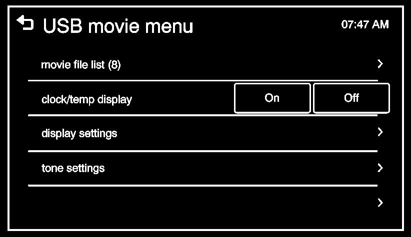 Sistema de conforto e conveniência 169 2. Pressione o menu desejado. [lista de arquivos de filmes]: Exibe toda a lista de arquivos de vídeo. [relógio/temp.
