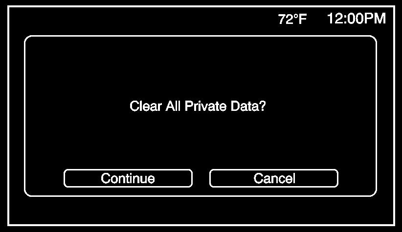 Definir data Limpar todos os dados privados (Continuar) para excluir os dados, ou pressione Cancel (Cancelar) para cancelar a função de exclusão. Configurações da Navegação.