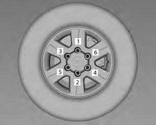 Cuidados com o veículo 323 11. Aperte as porcas em sequência cruzada (1, 2, 3, 4, 5, 6). O torque de aperto é 140 Y. 12. Alinhe o orifício da válvula da calota com a válvula do pneu antes de instalar.
