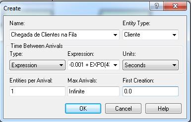 considerados os seguintes parâmetros: i) Entity Type: Cliente; ii) Time Between Arrivals: Expression -0.001 + EXPO(43.